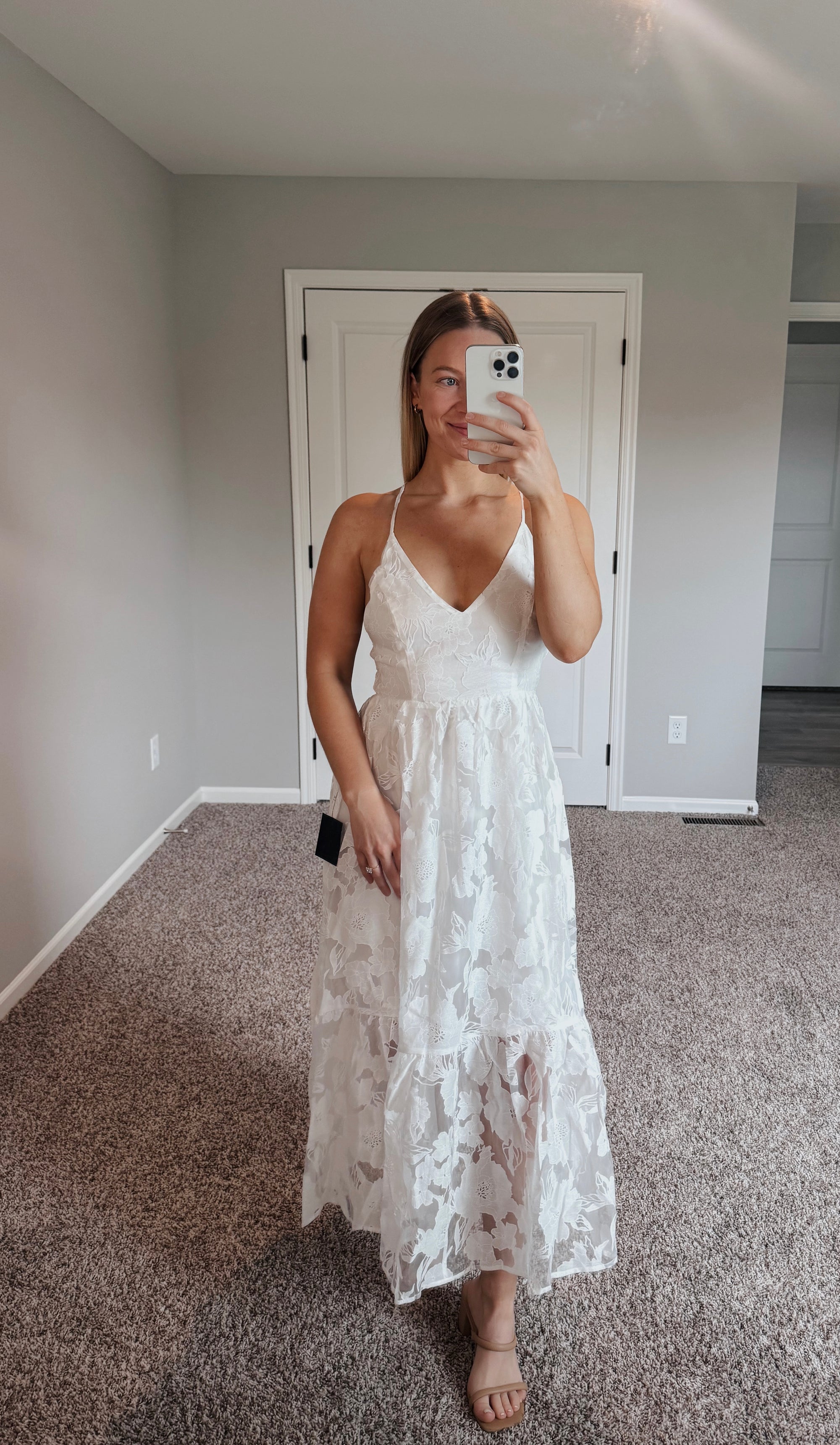 Lulus - Feeling Like Forever White Jacquard Organza Lace-Up Midi Dress - Small