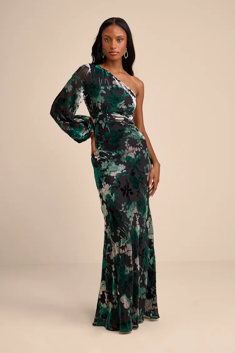 Lulus - Kendrick Black Multi Floral Burnout One-Shoulder Maxi - Small