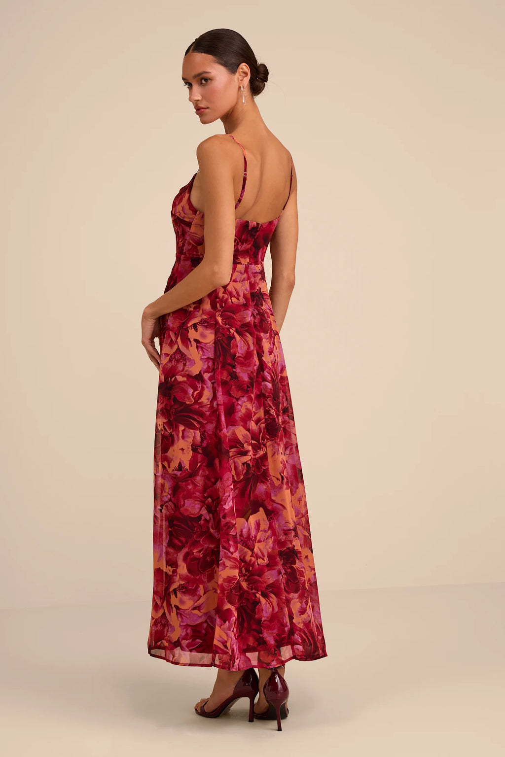 Lulus - Beautiful Soul Burgundy Floral Print Twist-Front Maxi Dress - Large