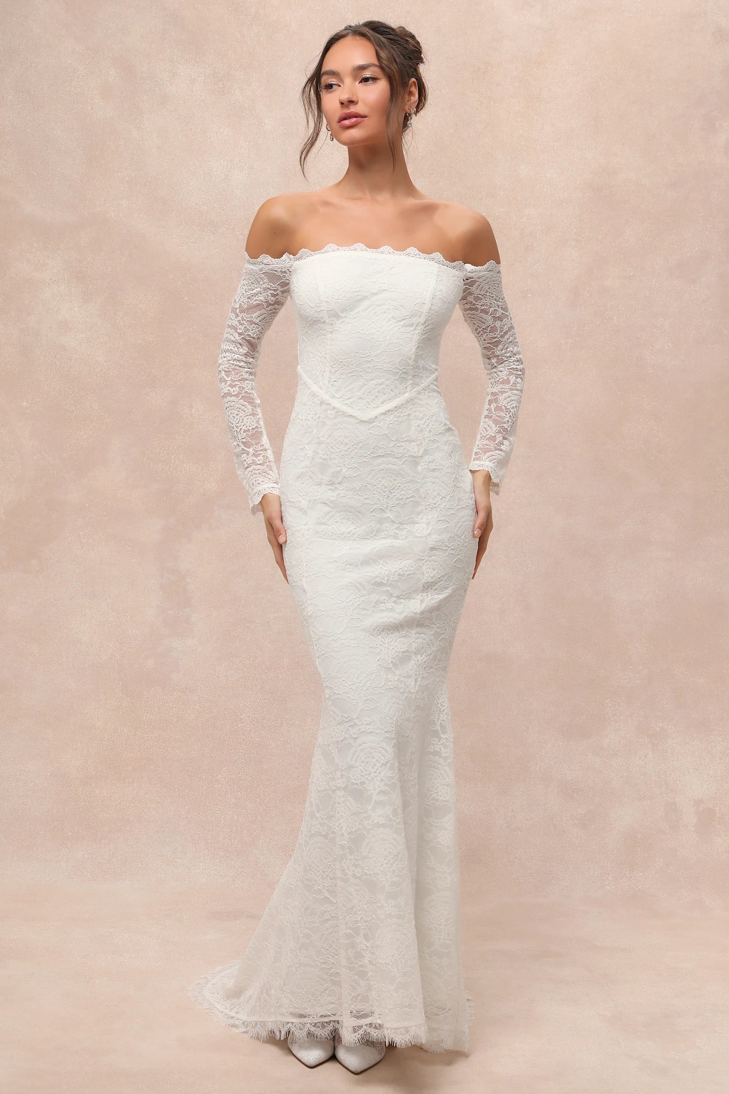 Lulus - Beloved Promise White Lace Off-the-Shoulder Mermaid Maxi Dress - Small