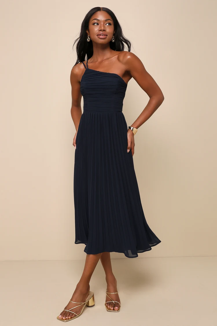 Lulus - Wondrous Muse Navy Blue Pleated One-Shoulder Midi Dress - Large