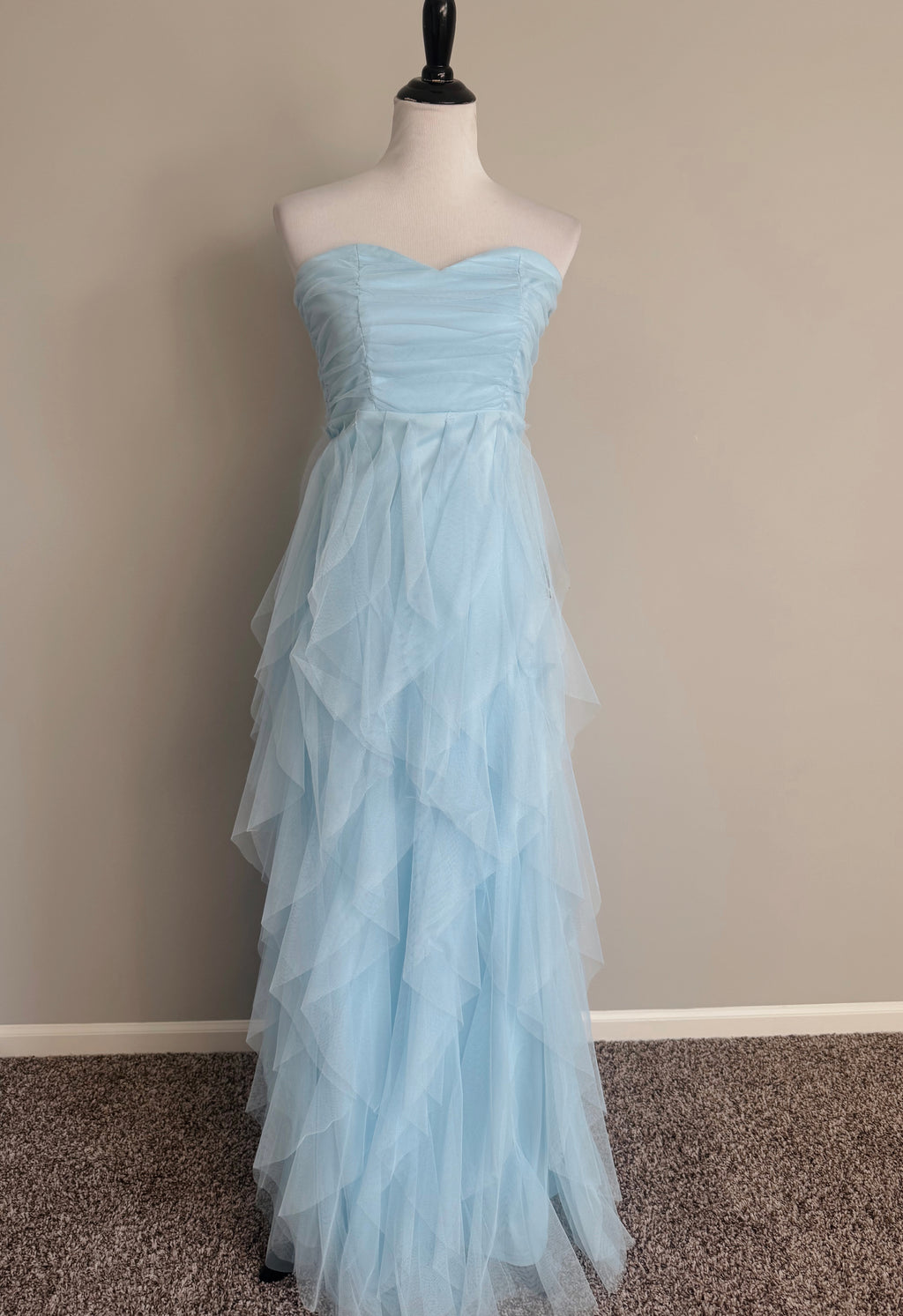 Lulus - Delightful Beauty Blue Mesh Strapless Ruched Ruffled Maxi Dress - Small