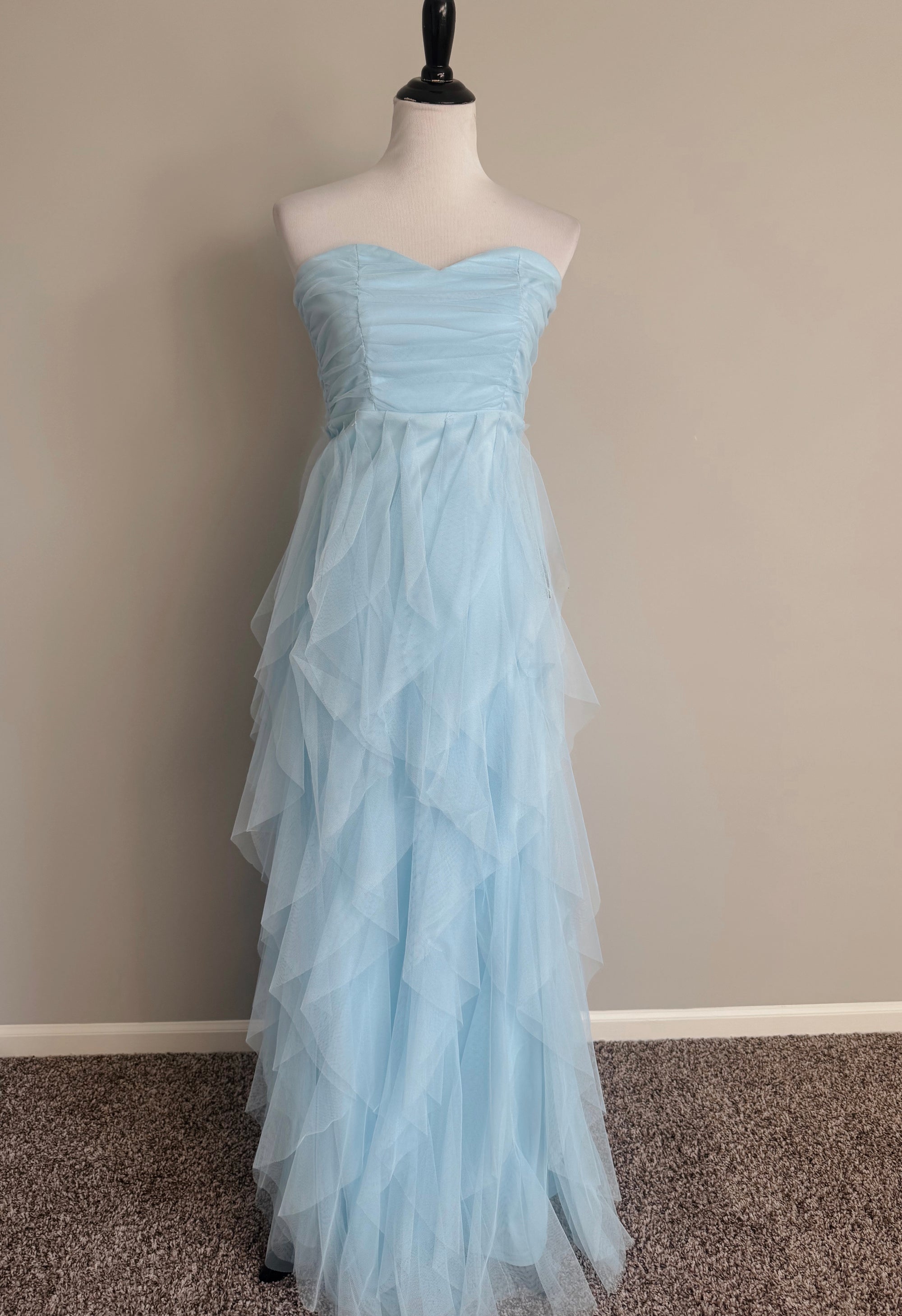 Lulus - Delightful Beauty Blue Mesh Strapless Ruched Ruffled Maxi Dress - Small