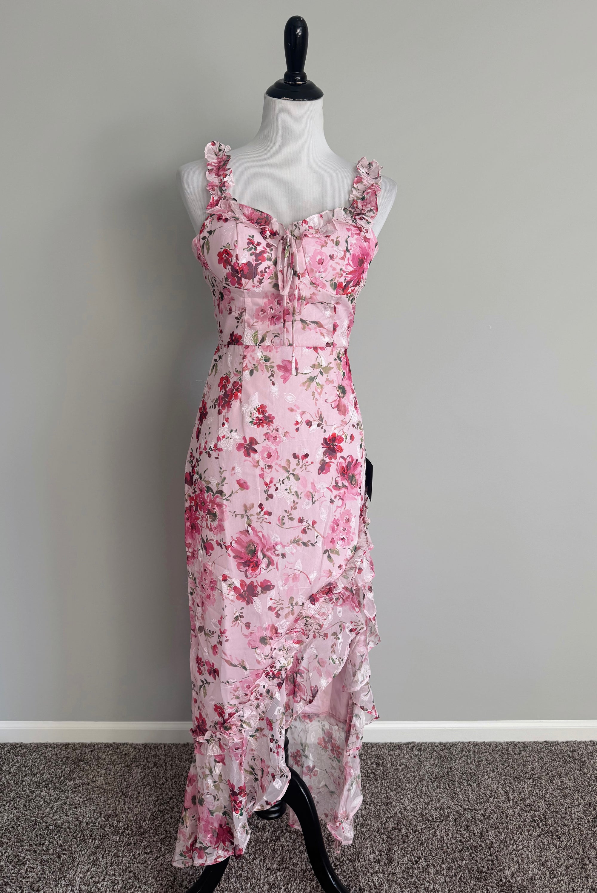 Lulus - Lovable Spirit Pink Floral Burnout Ruffled High-Low Maxi Dress - XS