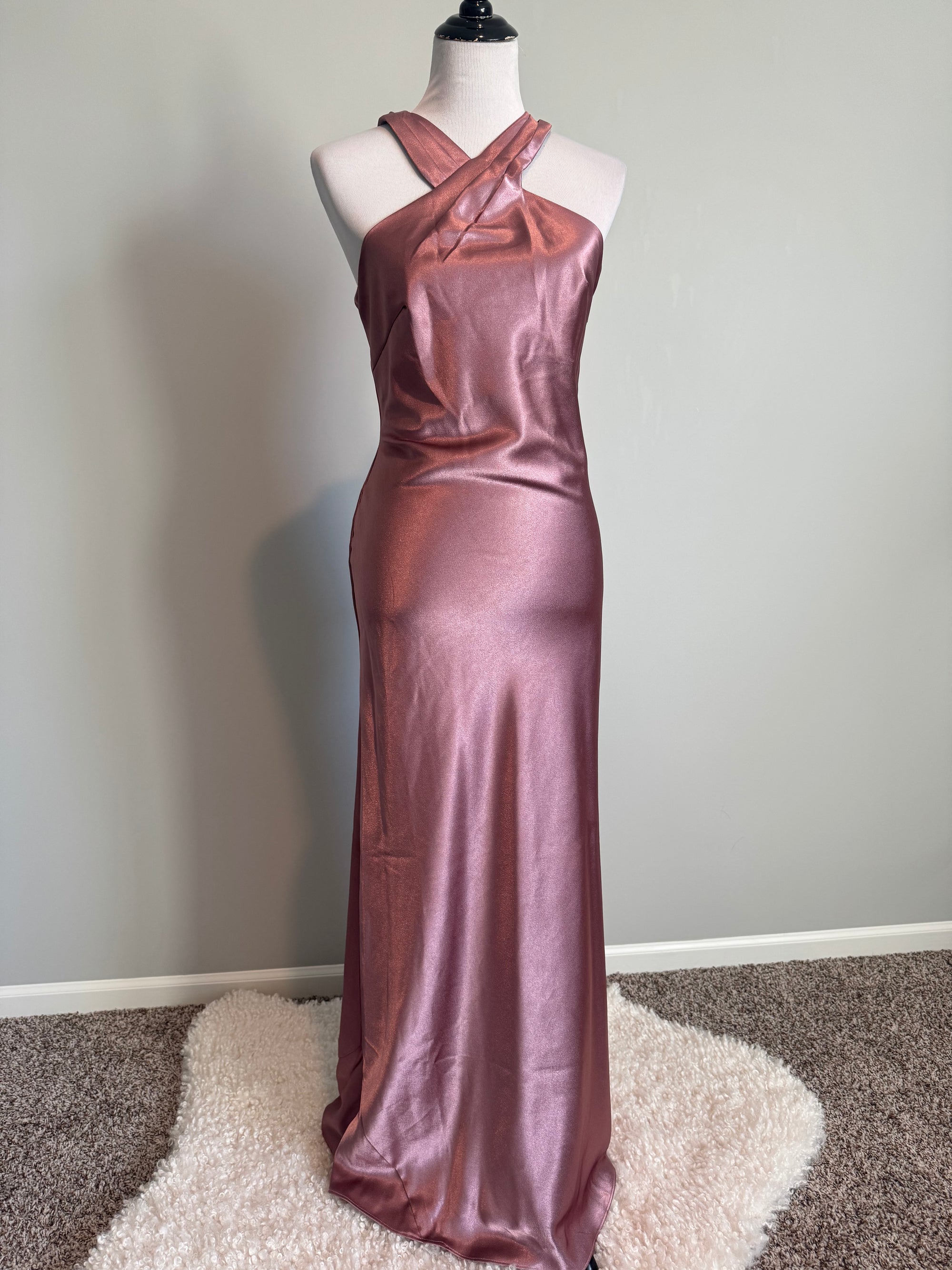 Azazie - Vintage Mauve Mermaid Bow Metallic Satin Dress - Small