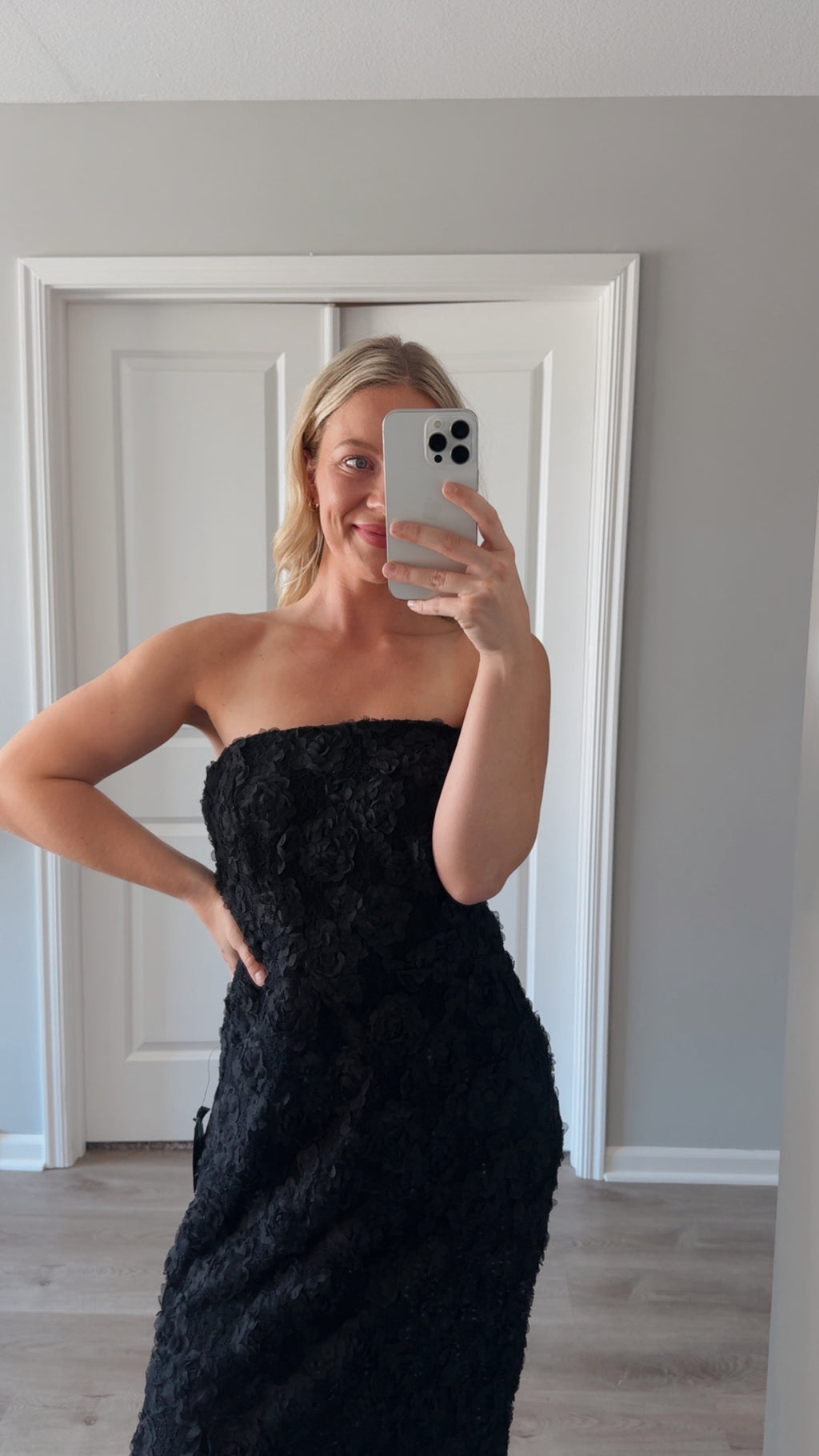 Lulus - Flawless Perfection Black Floral Applique Strapless Midi Dress - XL