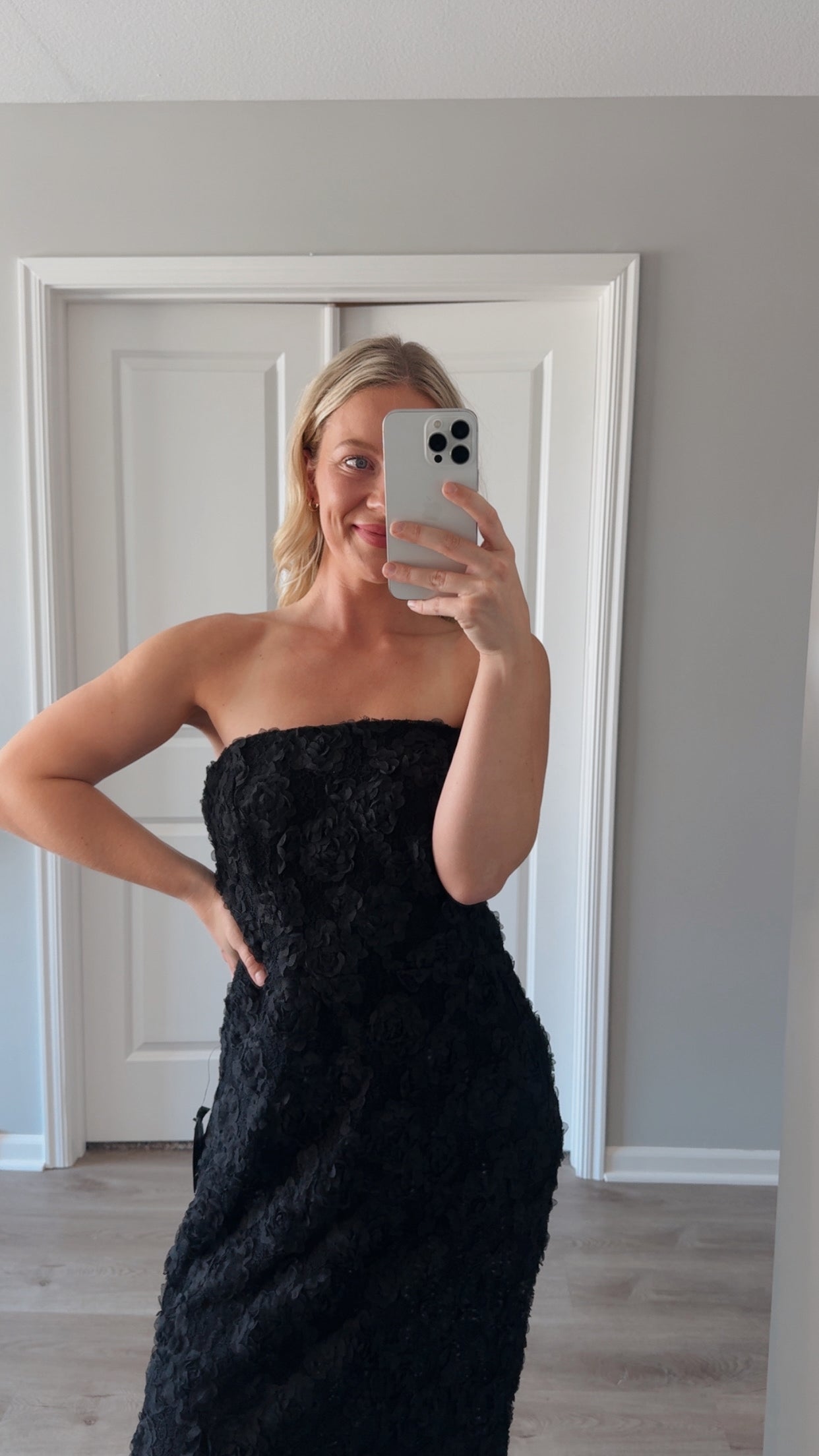 Lulus - Flawless Perfection Black Floral Applique Strapless Midi Dress - XL