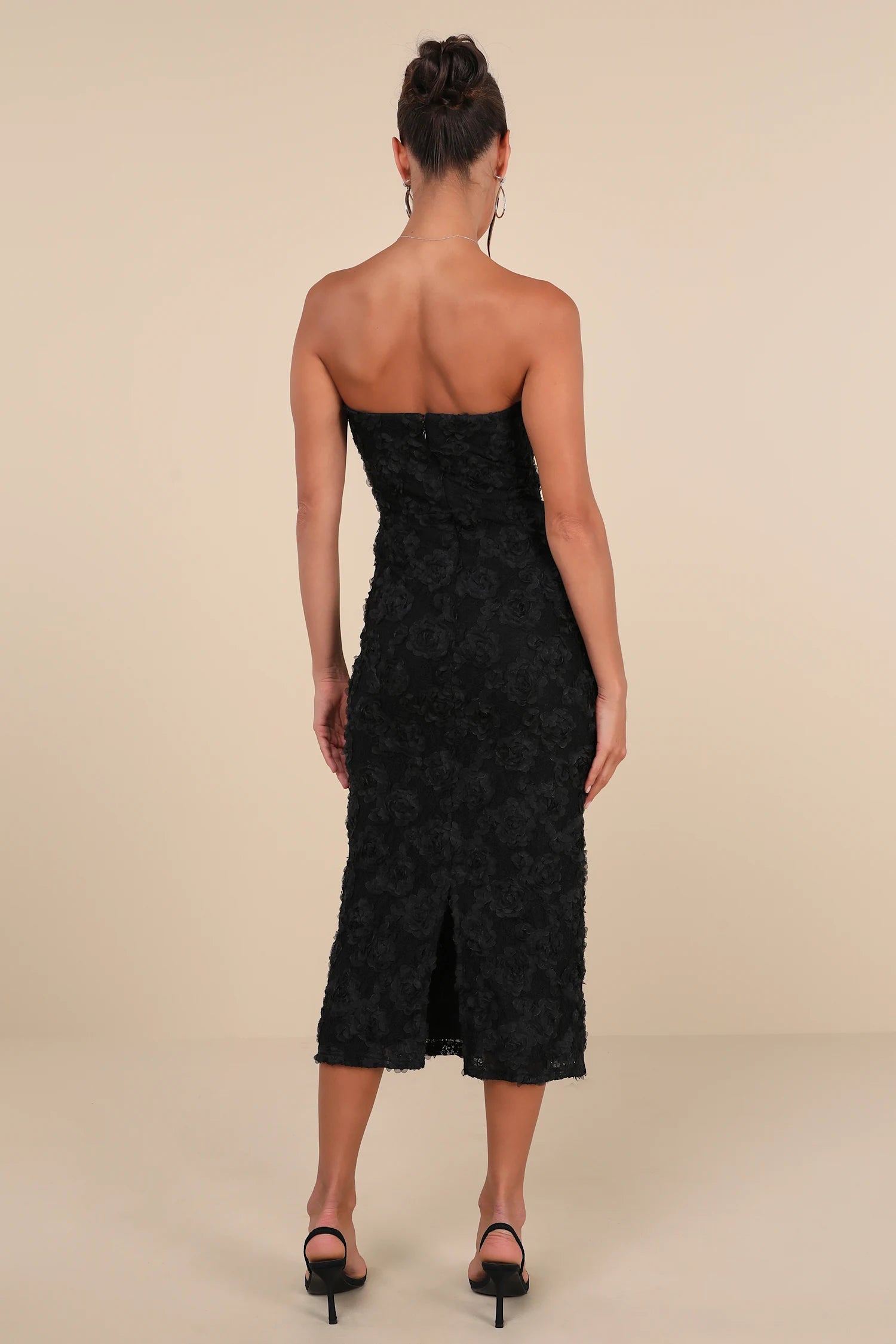 Lulus - Flawless Perfection Black Floral Applique Strapless Midi Dress - XL