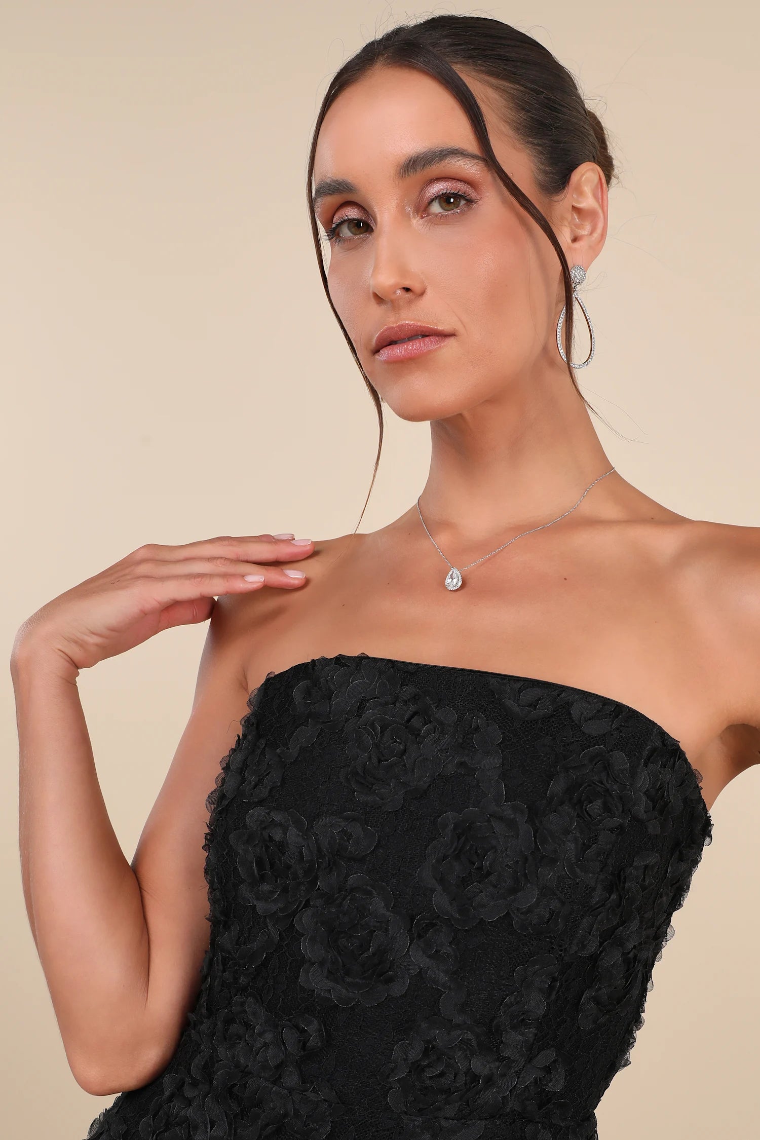 Lulus - Flawless Perfection Black Floral Applique Strapless Midi Dress - XL