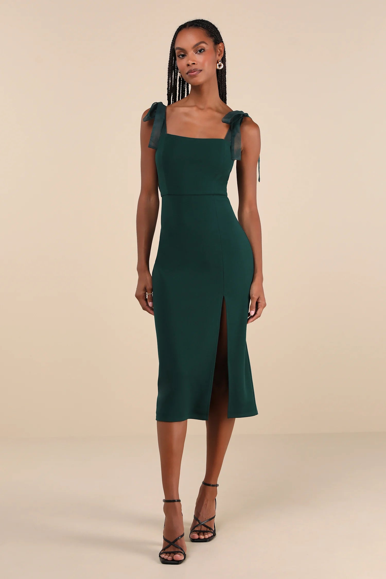 Lulus - Romantic Celebration Emerald Green Tie-Strap Bodycon Midi Dress - Large