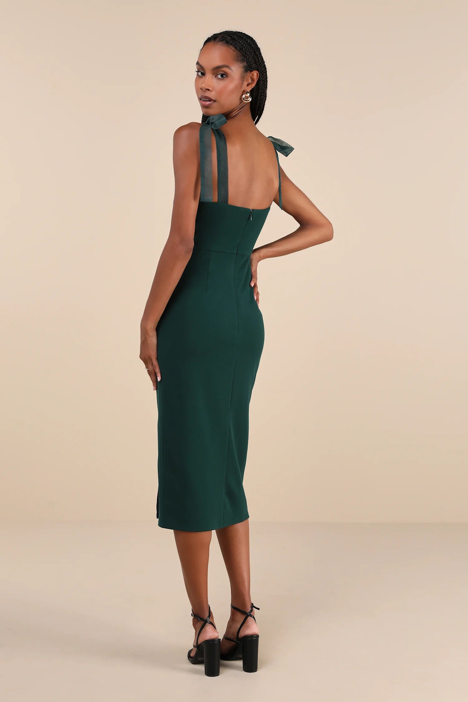 Lulus - Romantic Celebration Emerald Green Tie-Strap Bodycon Midi Dress - Large