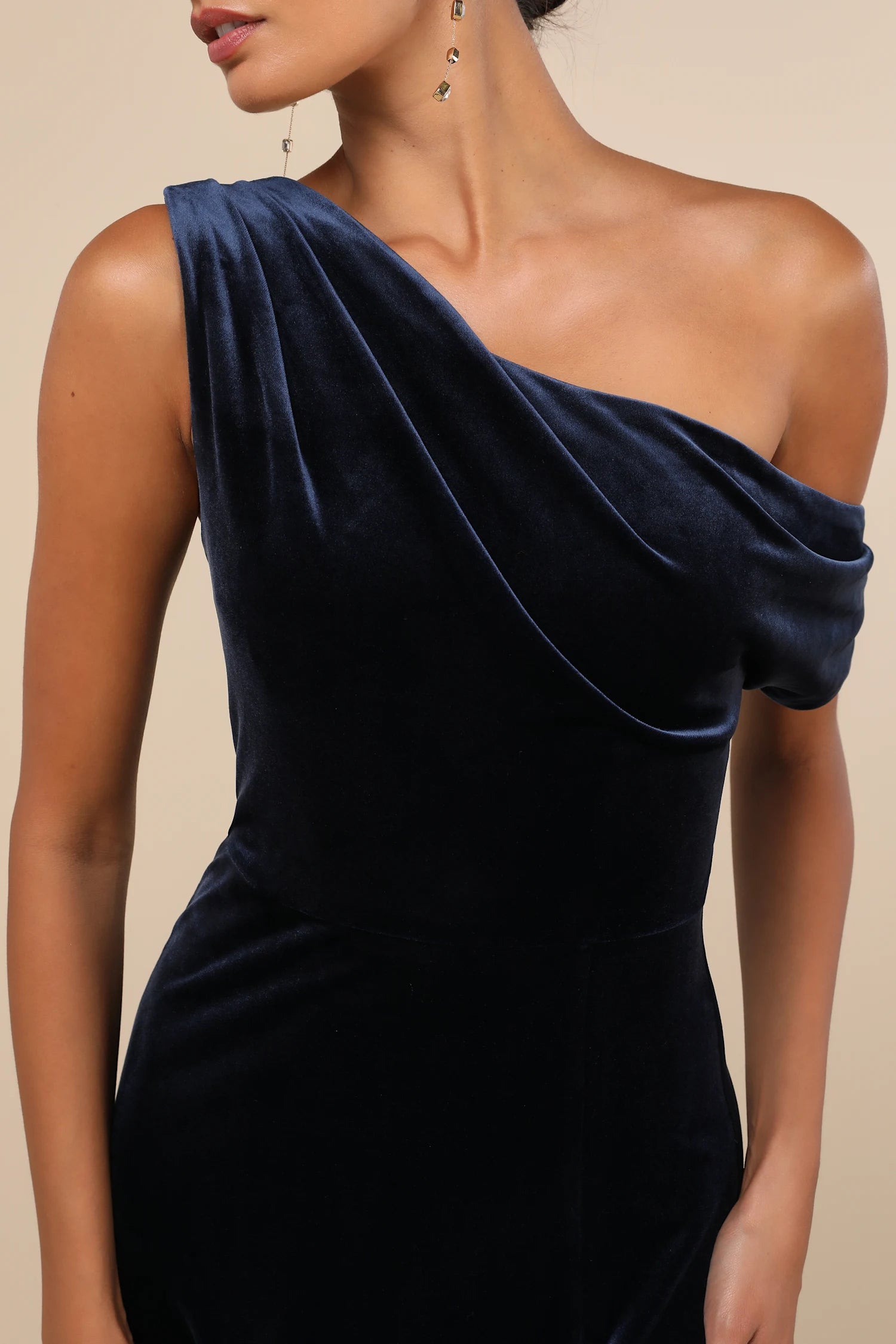 Lulus - Coveted Confidence Navy Blue Velvet Asymmetrical Maxi Dress - XL
