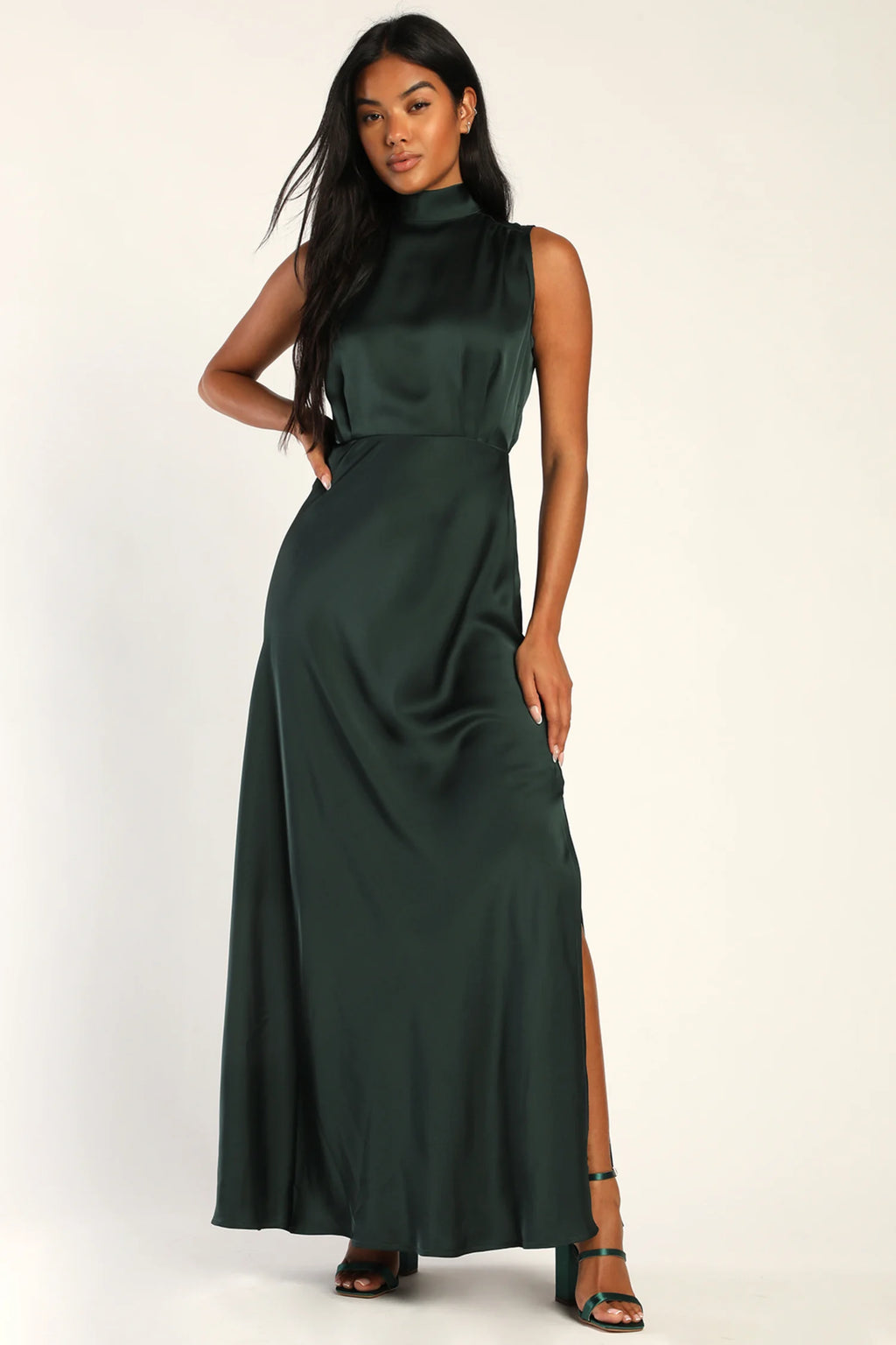 Lulus - Classic Elegance Green Satin Sleeveless Mock Neck Maxi Dress - XL