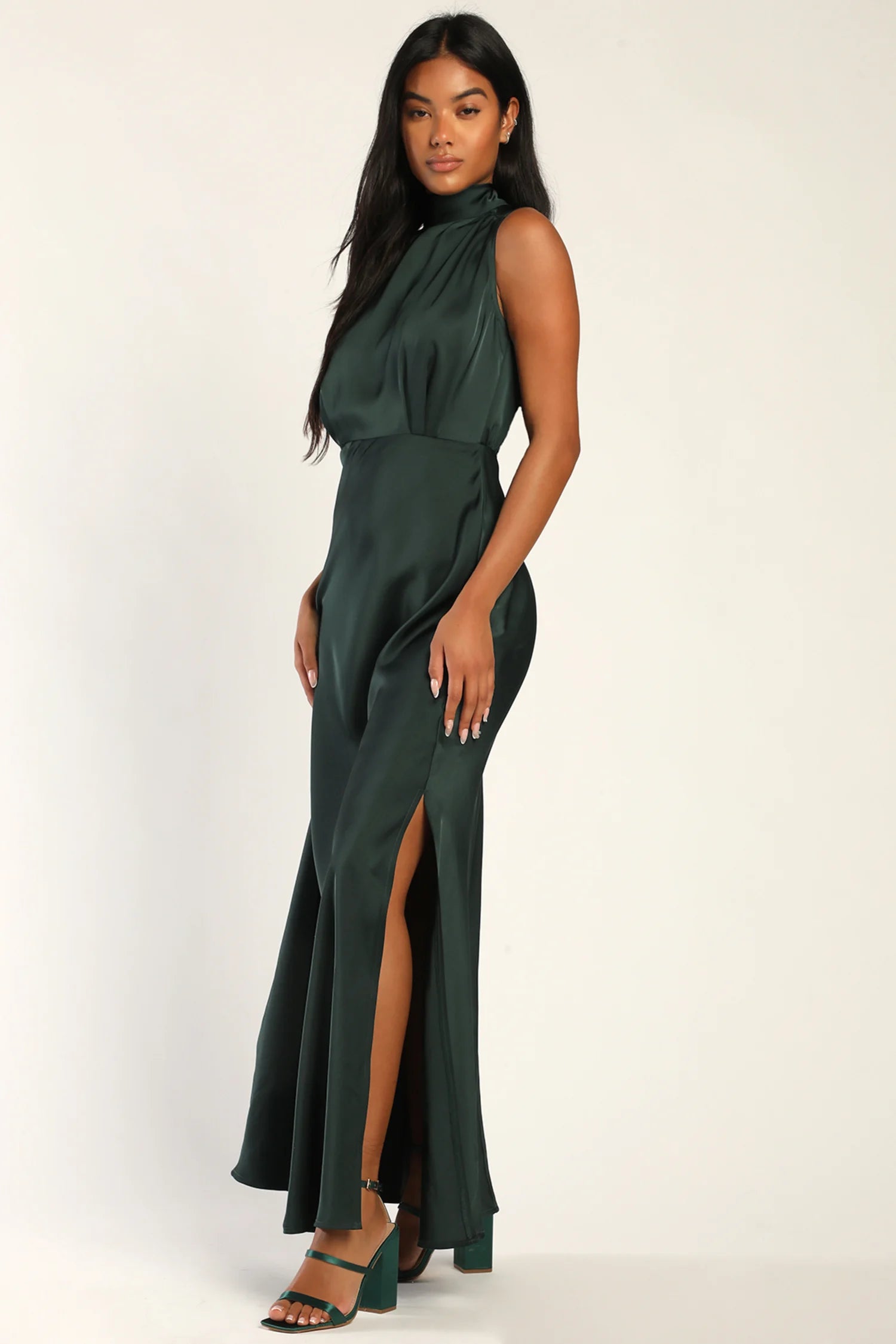 Lulus - Classic Elegance Green Satin Sleeveless Mock Neck Maxi Dress - XL