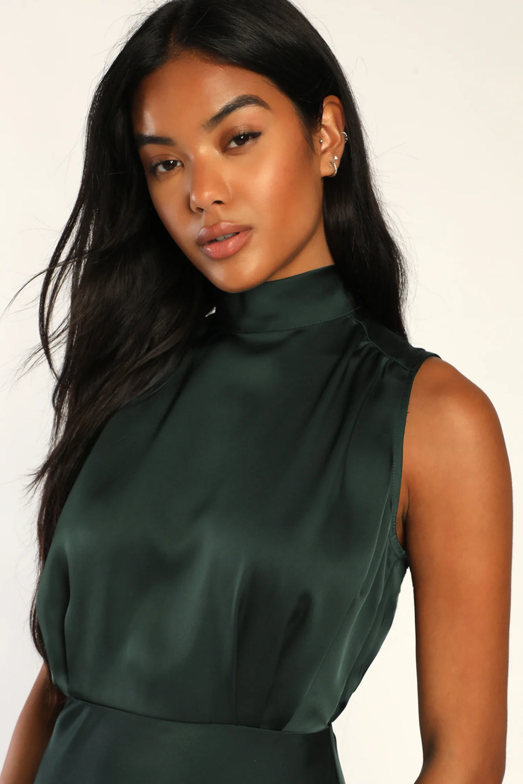 Lulus - Classic Elegance Green Satin Sleeveless Mock Neck Maxi Dress - XL