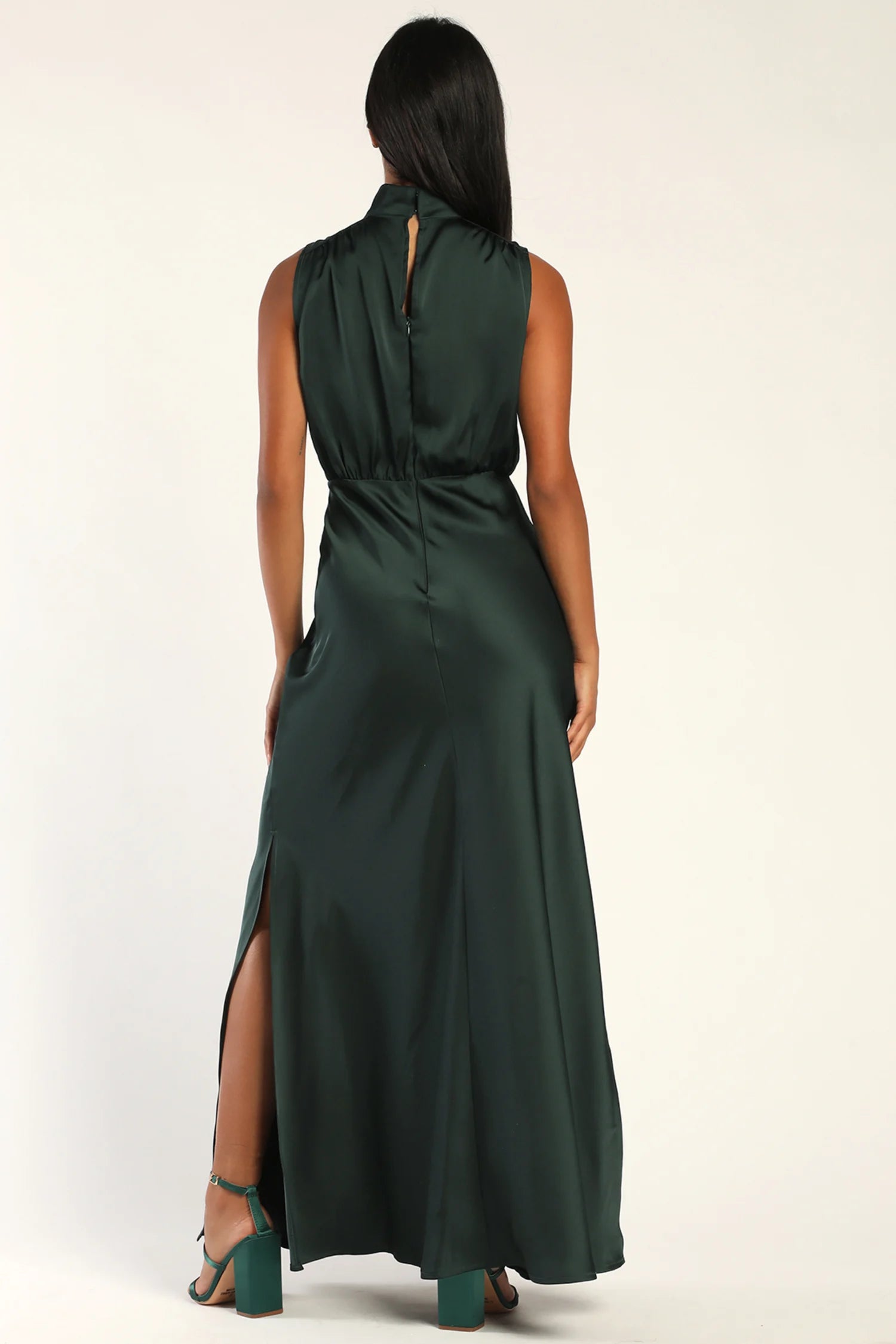 Lulus - Classic Elegance Green Satin Sleeveless Mock Neck Maxi Dress - XL
