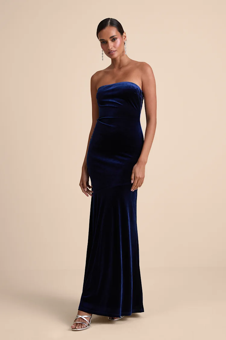 Lulus - Mesmerizing Elegance Navy Blue Velvet Back Bow Maxi Dress - Medium