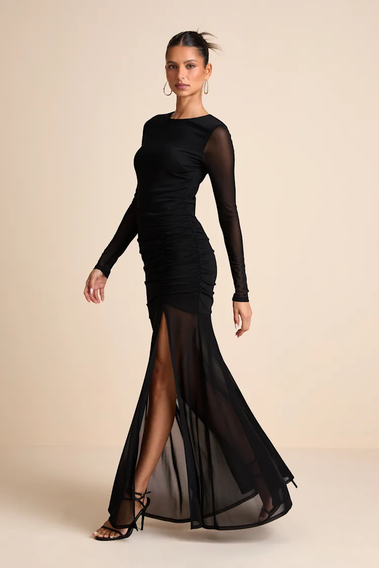 Lulus - Vibrant Poise Black Mesh Ruched Maxi Dress - Medium