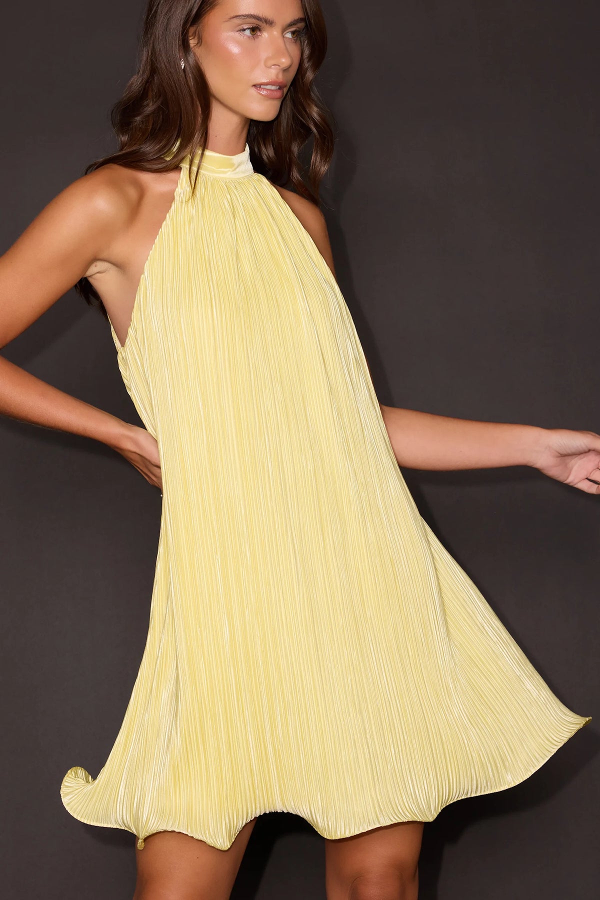 Lulus - Vaivah Light Yellow Satin Plisse Mock Neck Swing Mini Dress - Medium