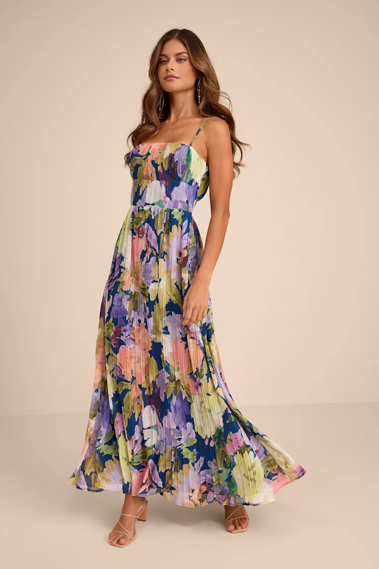 Lulus - Holloway Dark Blue Multi Floral Pleated Maxi Dress - Large