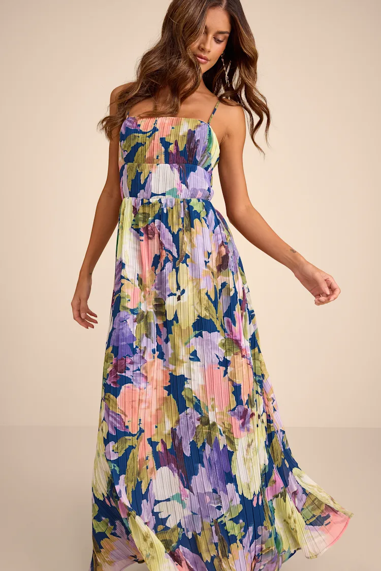 Lulus - Holloway Dark Blue Multi Floral Pleated Maxi Dress - Large