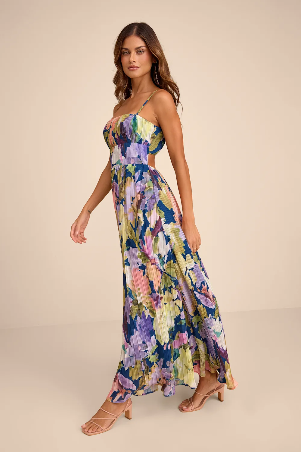 Lulus - Holloway Dark Blue Multi Floral Pleated Maxi Dress - Large