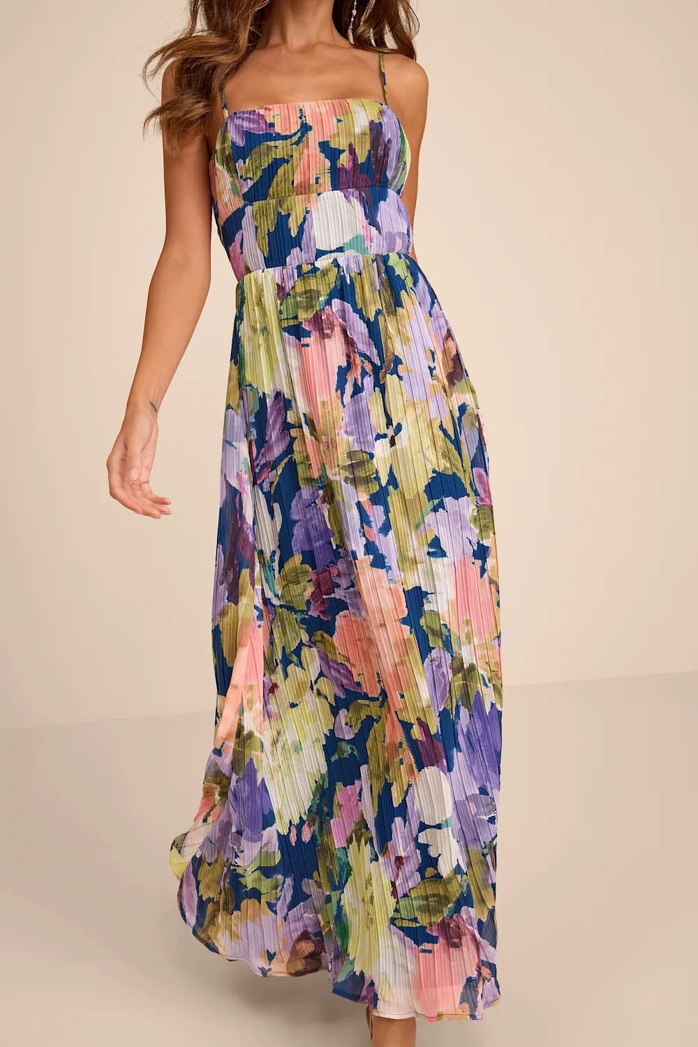 Lulus - Holloway Dark Blue Multi Floral Pleated Maxi Dress - Large