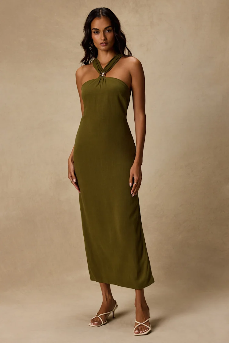 Lulus - Calessia Olive Green Linen Halter Neck Midi Dress - Large