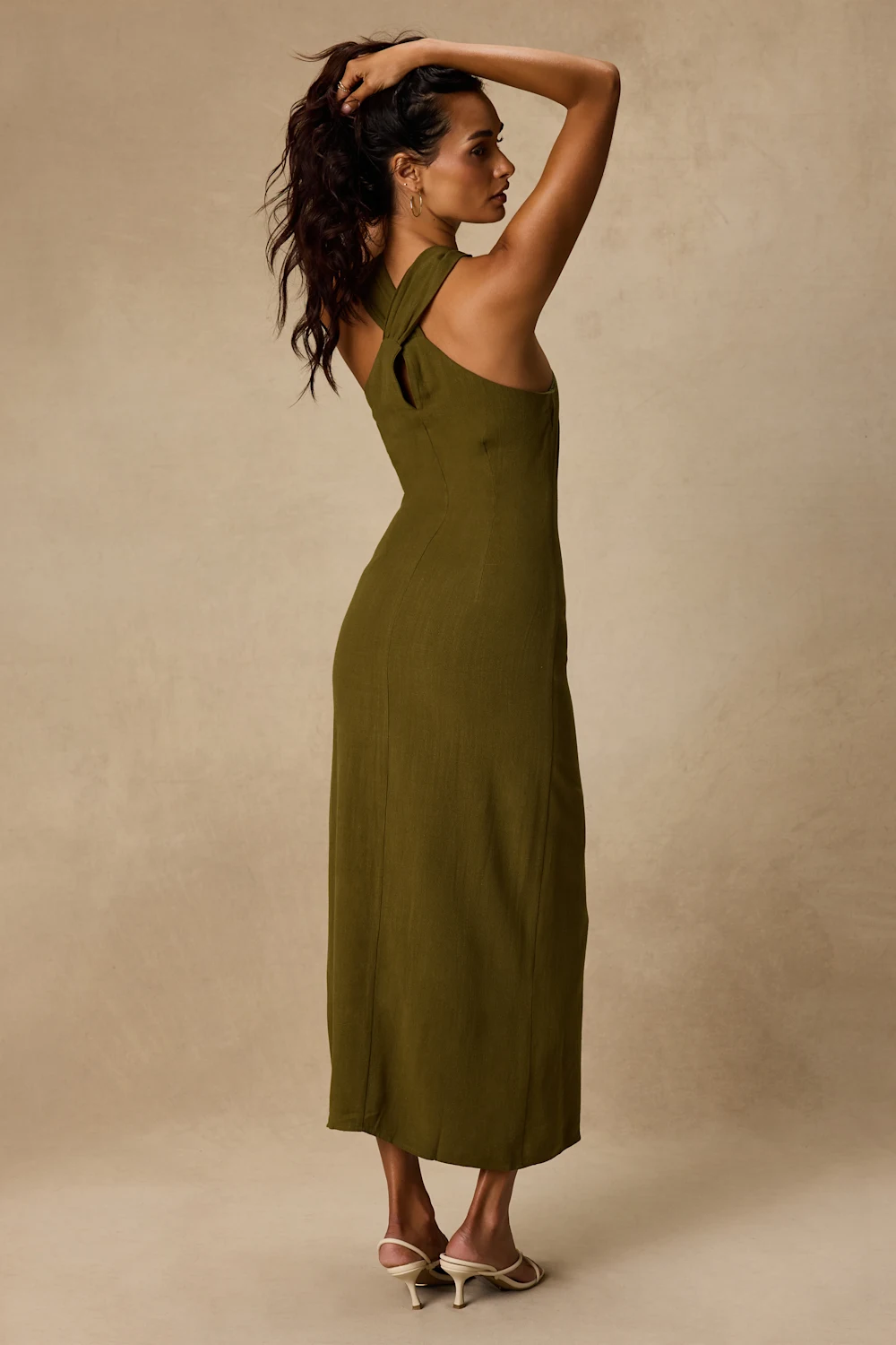 Lulus - Calessia Olive Green Linen Halter Neck Midi Dress - Large
