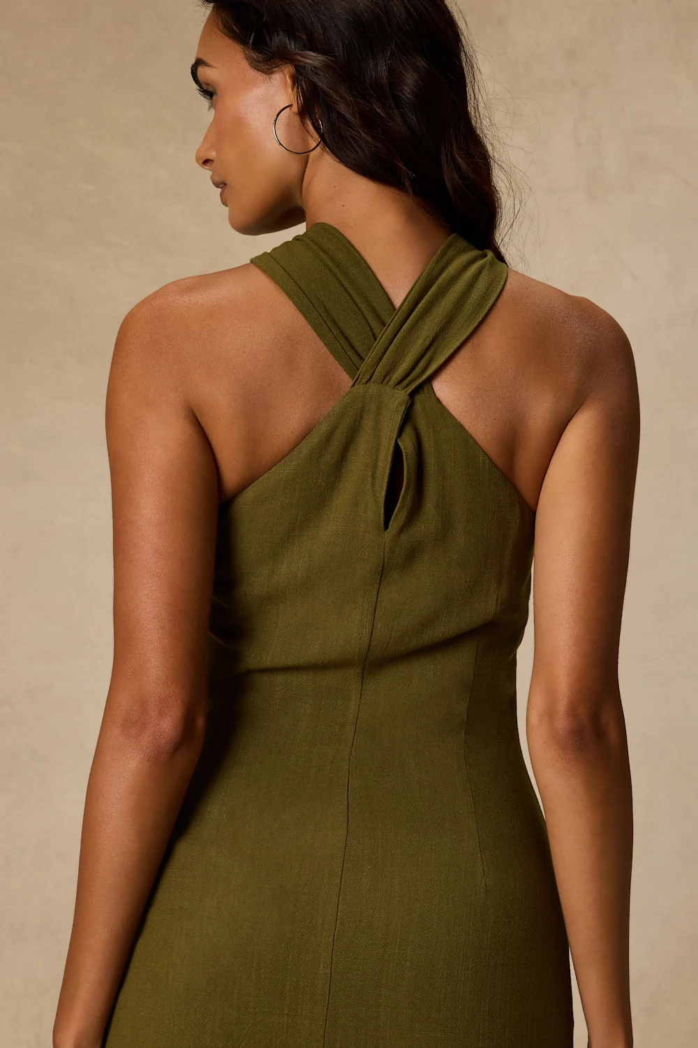 Lulus - Calessia Olive Green Linen Halter Neck Midi Dress - Large