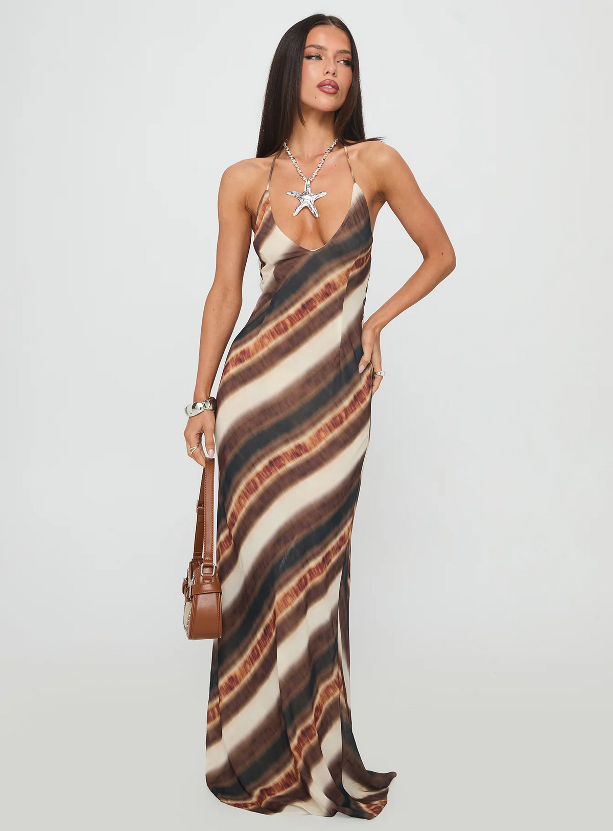 Princess Polly - Esmira Halter Maxi Dress Brown Stripe - Large