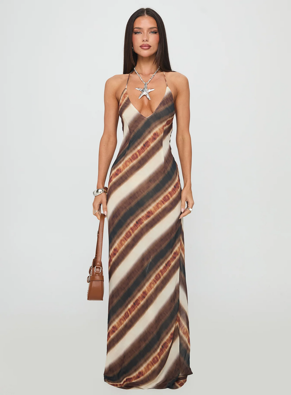 Princess Polly - Esmira Halter Maxi Dress Brown Stripe - Large