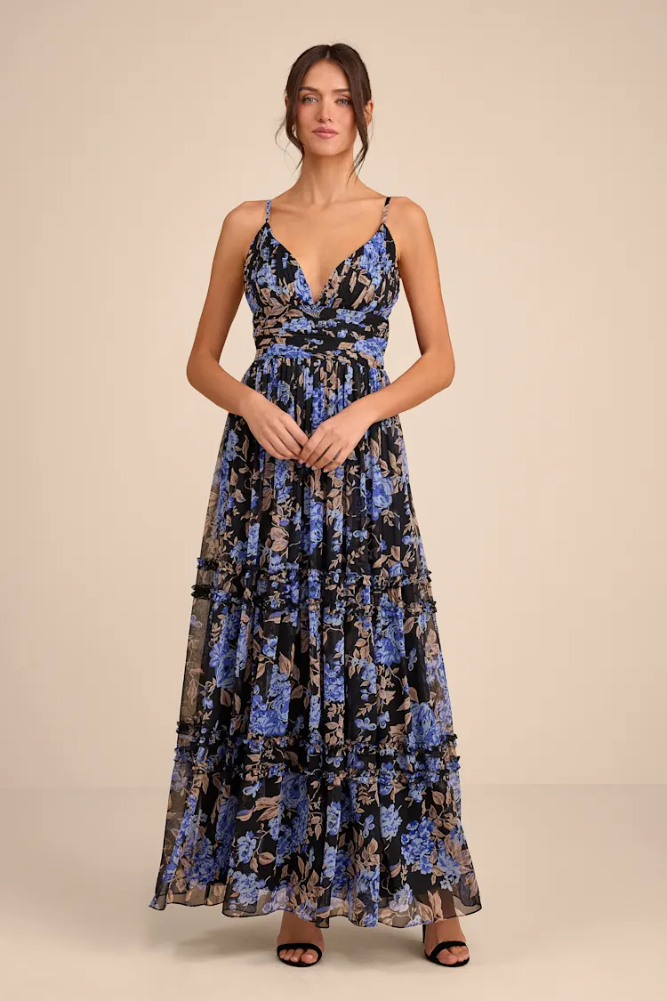 Lulus - Niora Black and Blue Floral Pleated Maxi Dress - Large
