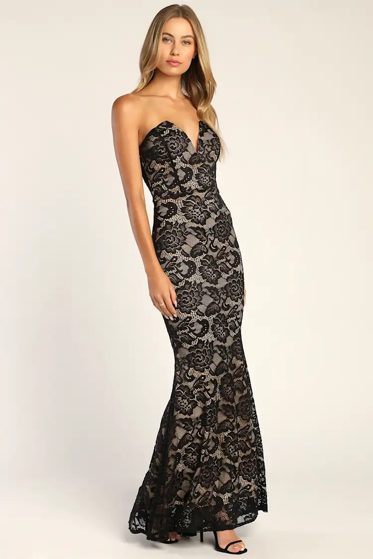 Lulus - Sexy Sophistication Black Lace Strapless Trumpet Maxi Dress - Large (Runs Small)