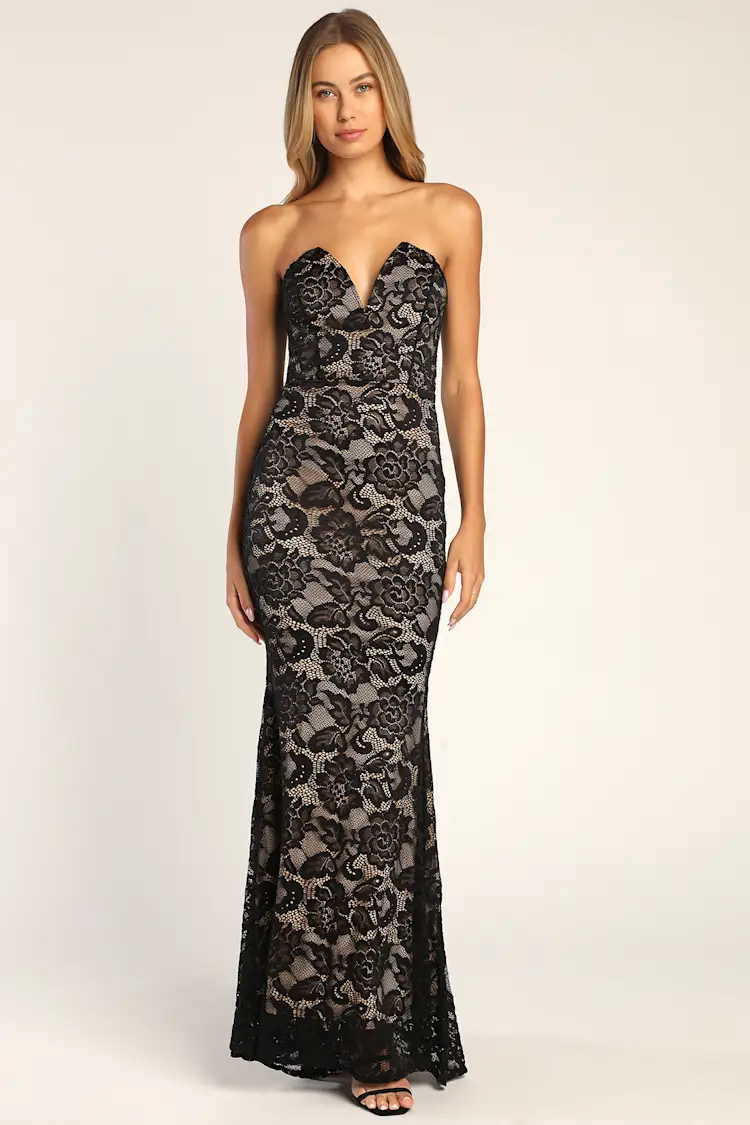 Lulus - Sexy Sophistication Black Lace Strapless Trumpet Maxi Dress - Large (Runs Small)