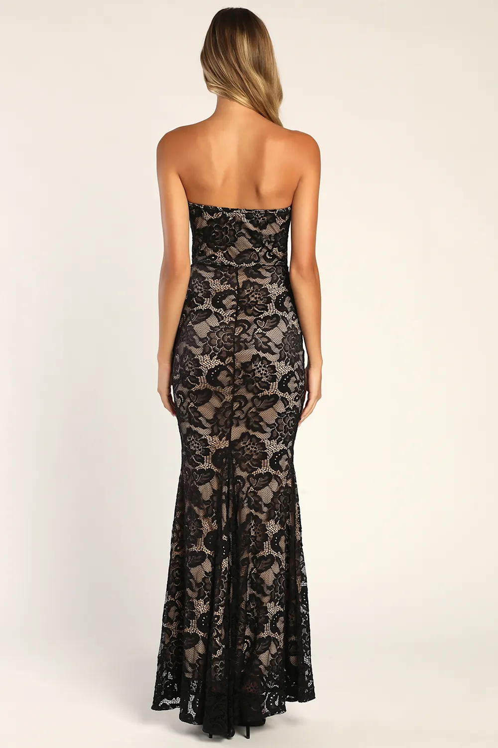 Lulus - Sexy Sophistication Black Lace Strapless Trumpet Maxi Dress - Large (Runs Small)