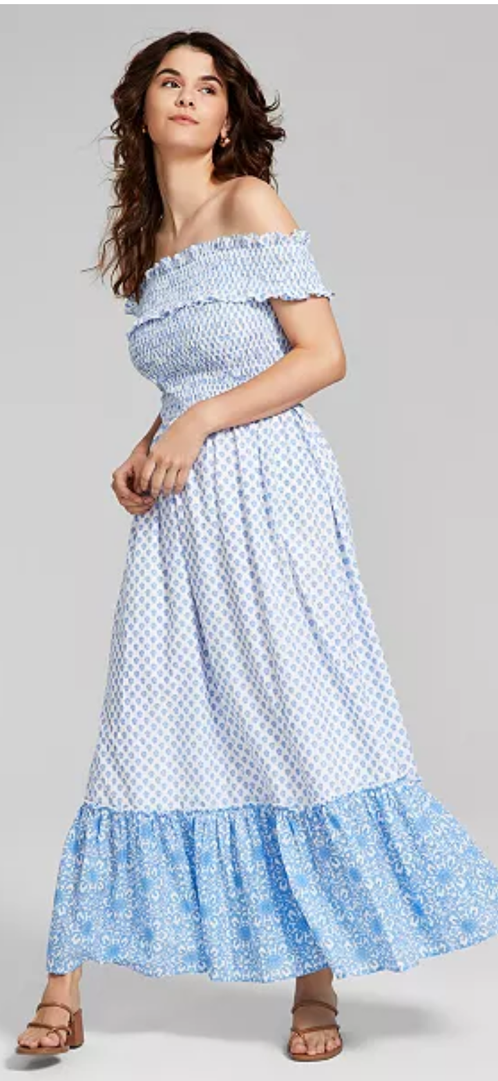 And Now This - Trendy Cotton Off-The-Shoulder Smocked Dress - Large