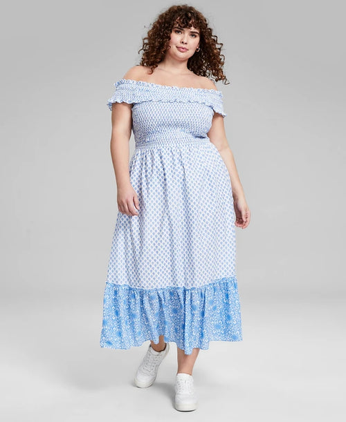 And Now This - Trendy Cotton Off-The-Shoulder Smocked Dress - Large