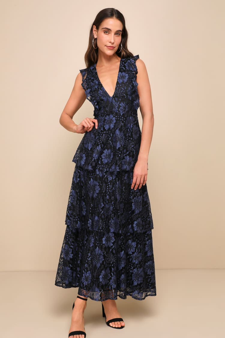 Lulus - Molinetto Navy Blue Lace Ruffled Tiered Sleeveless Maxi Dress - Large