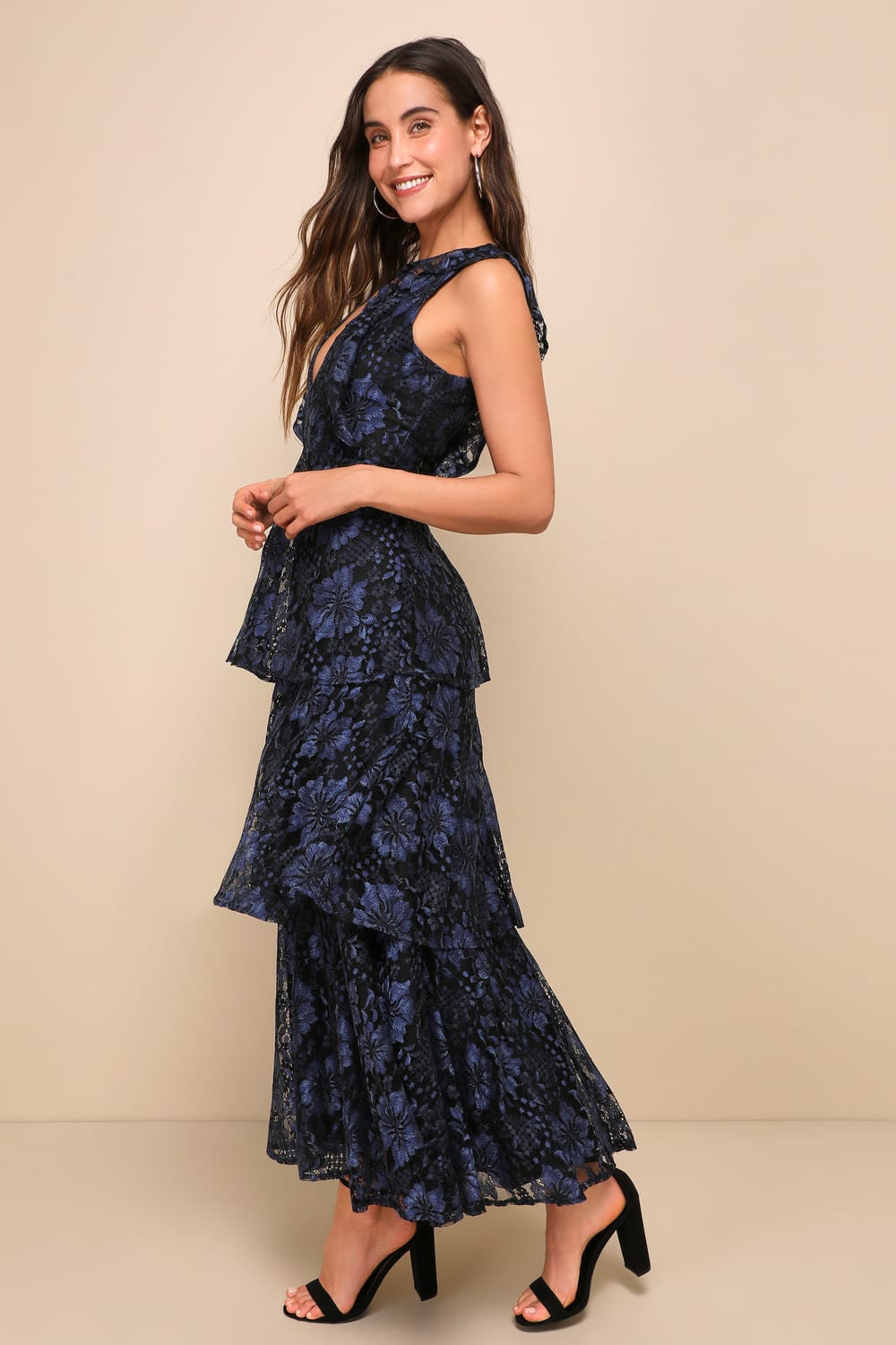 Lulus - Molinetto Navy Blue Lace Ruffled Tiered Sleeveless Maxi Dress - Large