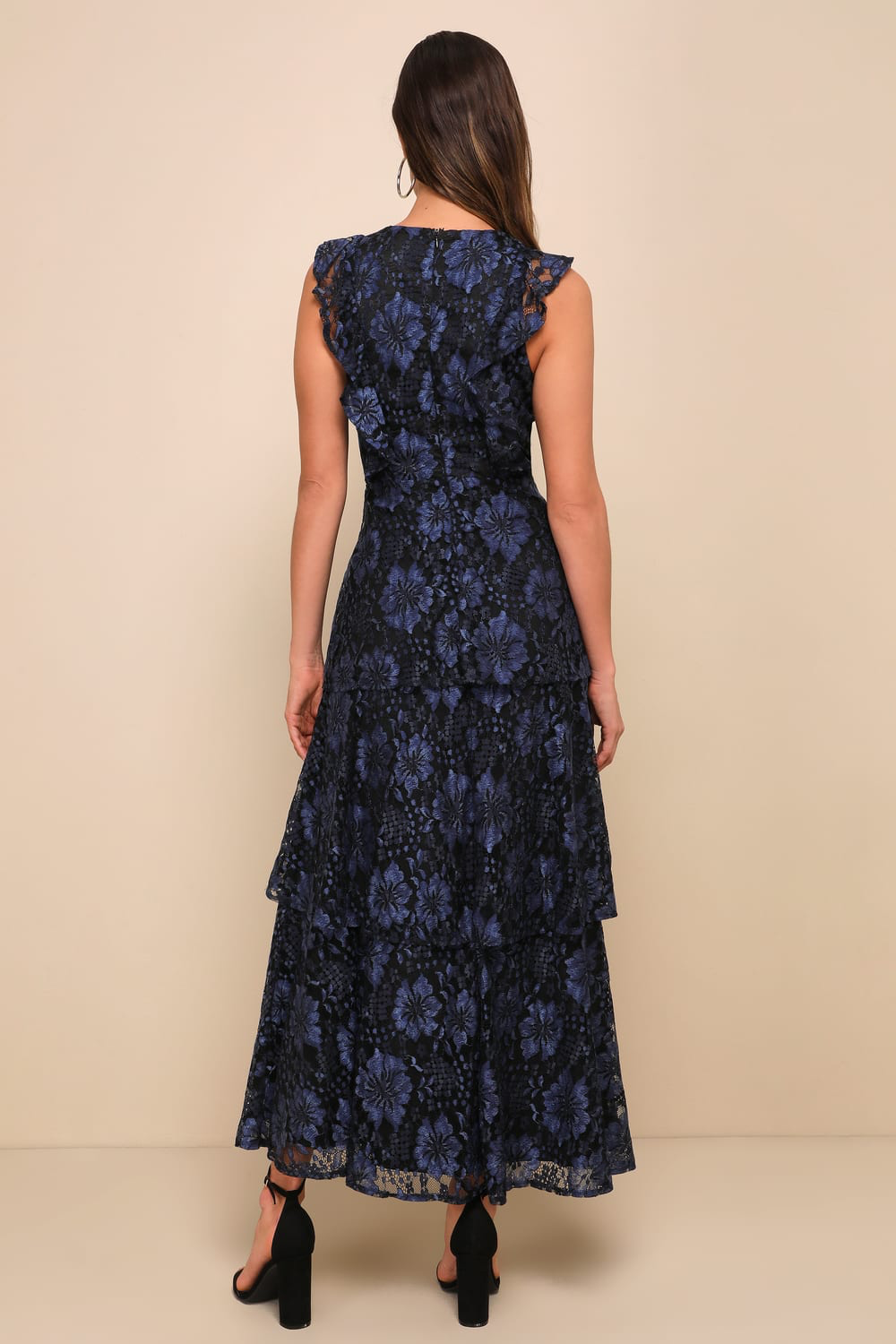 Lulus - Molinetto Navy Blue Lace Ruffled Tiered Sleeveless Maxi Dress - Large