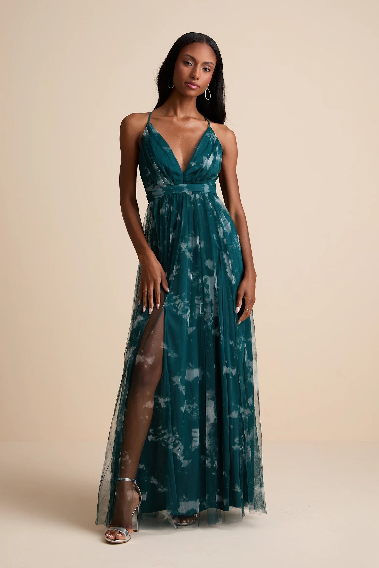Lulus - Elegant Moment Emerald Green Tie-Dye Backless Maxi Dress - Medium