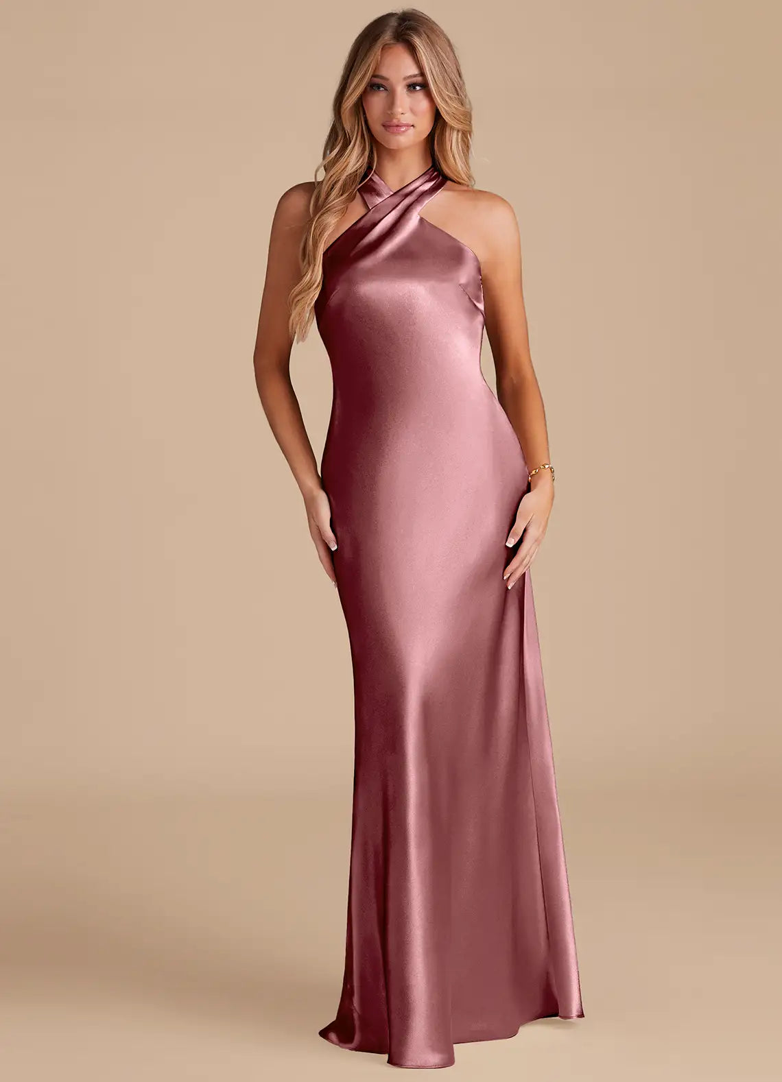 Azazie - Vintage Mauve Mermaid Bow Metallic Satin Dress - Small