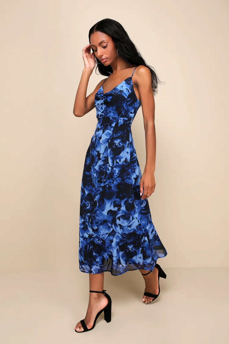 Lulus - Beautiful Persona Blue Floral Chiffon Cowl A-Line Midi Dress - Large