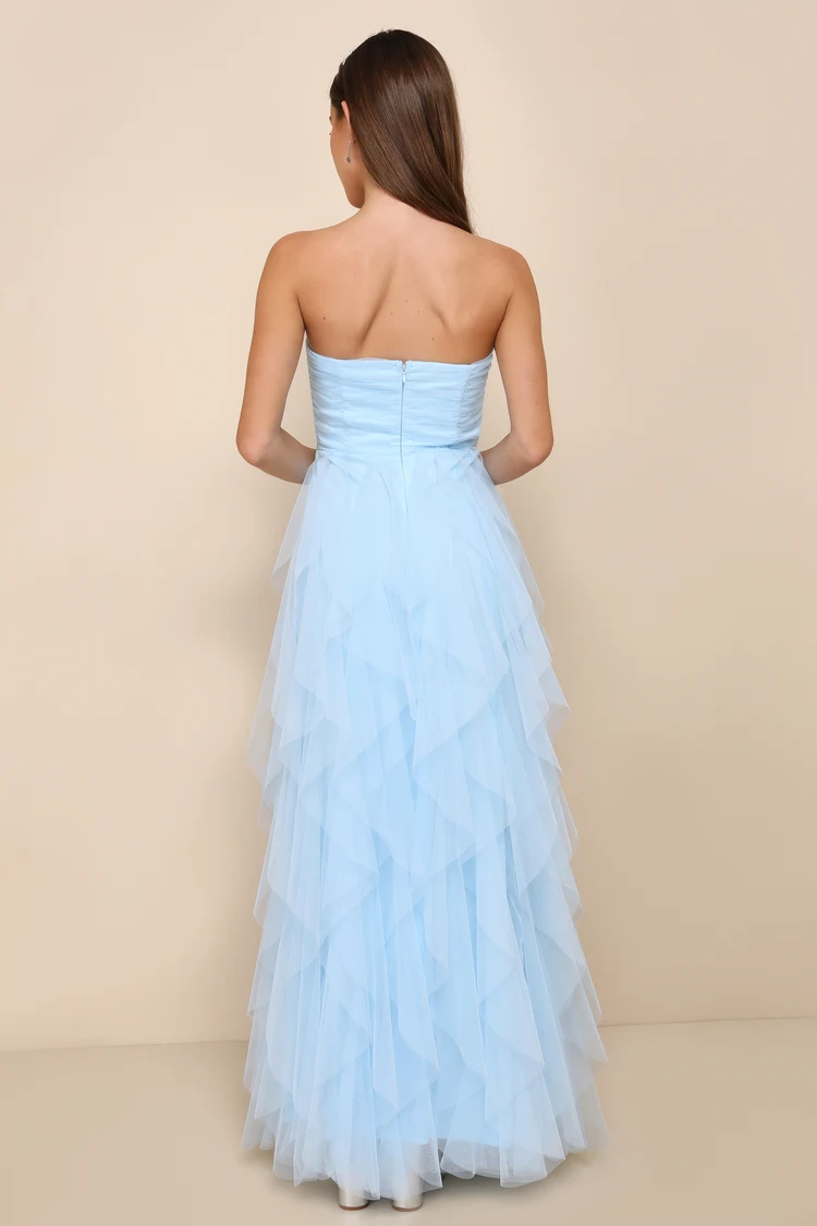 Lulus - Delightful Beauty Blue Mesh Strapless Ruched Ruffled Maxi Dress - Small