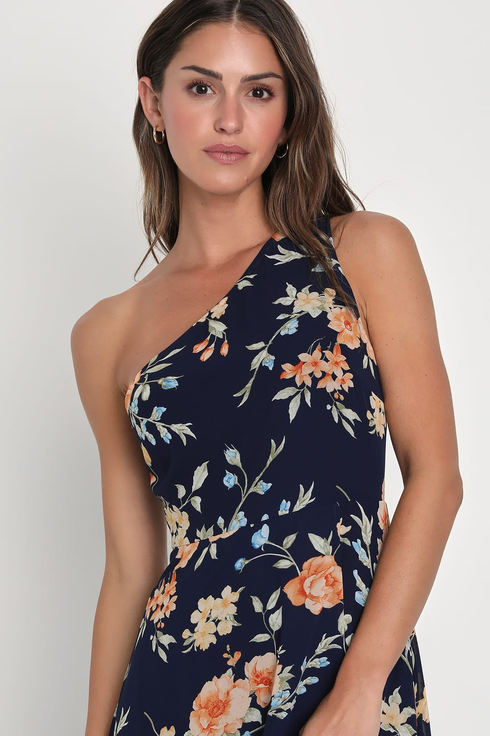 Lulus - Elegant Admiration Navy Blue Floral One-Shoulder Maxi Dress - XS
