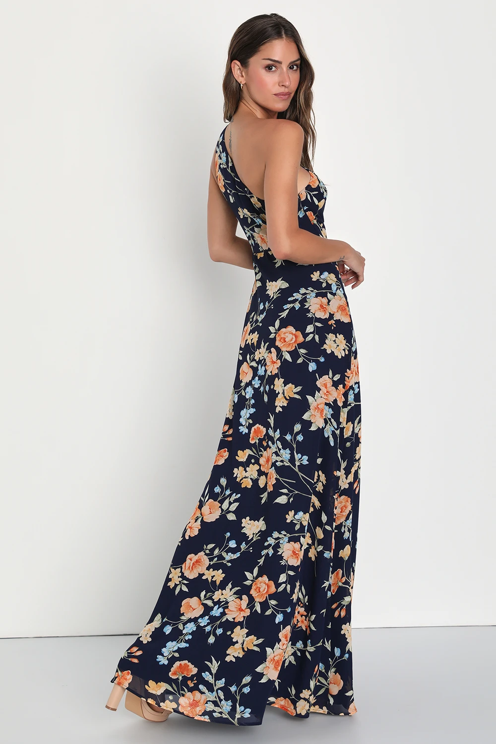 Lulus - Elegant Admiration Navy Blue Floral One-Shoulder Maxi Dress - XS