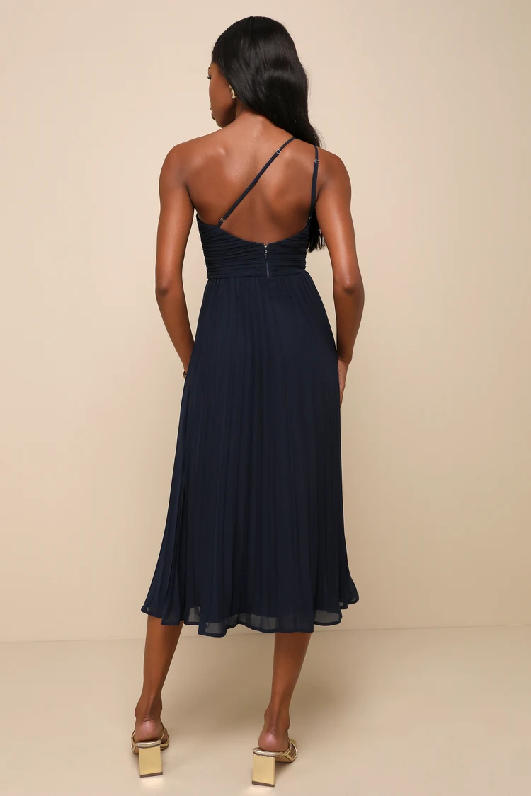 Lulus - Wondrous Muse Navy Blue Pleated One-Shoulder Midi Dress - Large