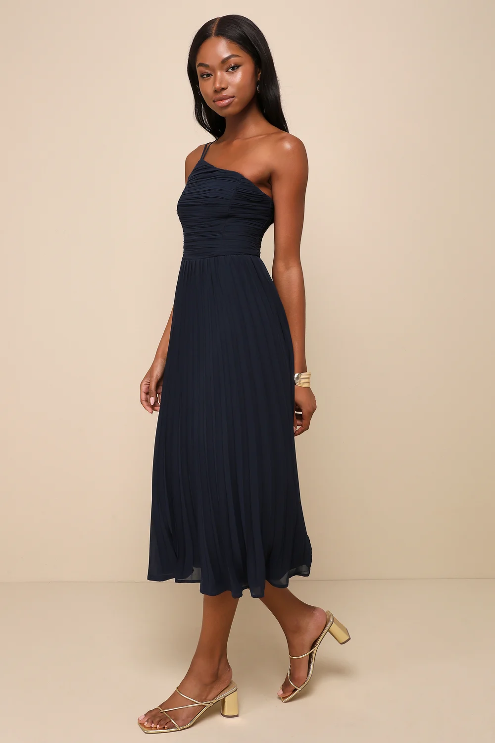 Lulus - Wondrous Muse Navy Blue Pleated One-Shoulder Midi Dress - Large