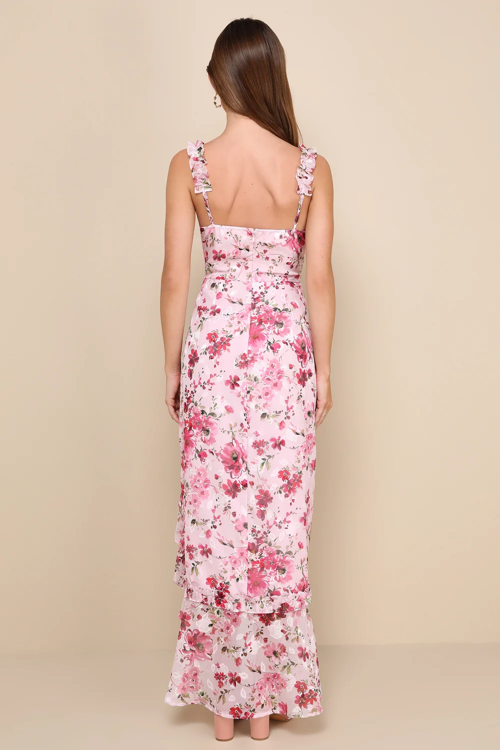 Lulus - Lovable Spirit Pink Floral Burnout Ruffled High-Low Maxi Dress - XS